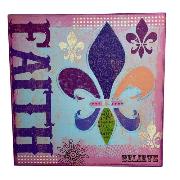 Fleur de Lis Faith Believe Stretched Canvas Girls Room Decor Pink Purple 16 in - Picture 1 of 8